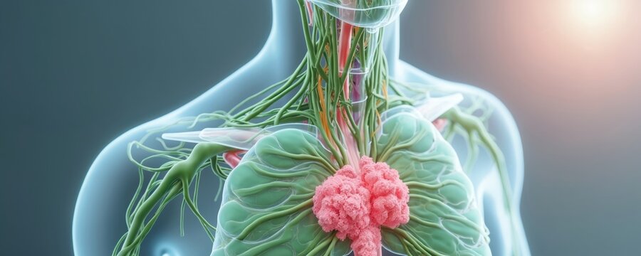 Human chest anatomy shows lymphatic system with green vessels and pink lymph nodes. Medical illustration focuses on network structure and immune cells detail.
