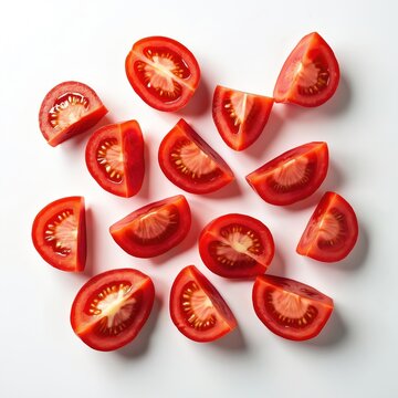 Fresh red tomato slices arranged on a clean white surface. These vibrant vegetable pieces are perfect for culinary uses, offering a juicy, ripe addition to meals and salads.