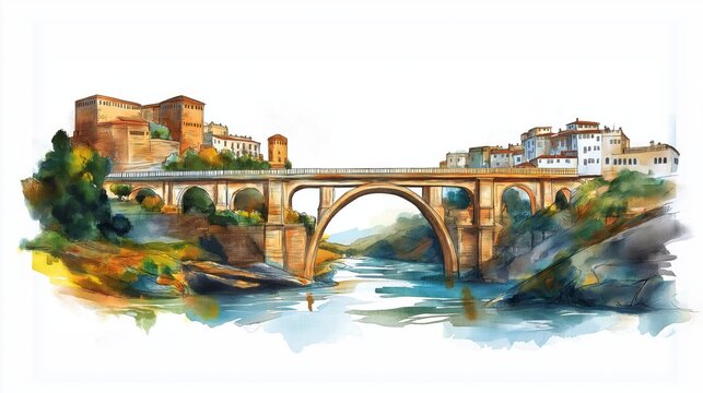 Constantine Bridge City. Constantine Bridge City hand drawn watercolor illustration on white background