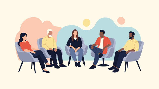 A diverse group of people are seated in a circle, engaged in a therapy session or group meeting, fostering support and open communication.