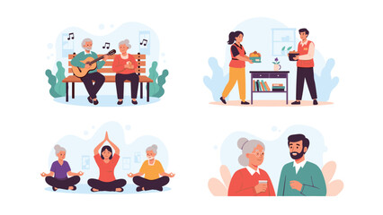 Four distinct illustrations depict active and supportive elderly care, showcasing seniors enjoying music, yoga, and receiving assistance.