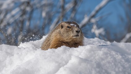Obraz premium Peeking brown marmot popping from snow mound on slope, with snow spray, bare branches, blue sky