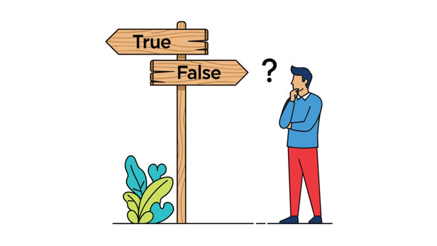 A contemplative man stands at a crossroads with signs pointing to "True" and "False," symbolizing a critical decision or moral dilemma.