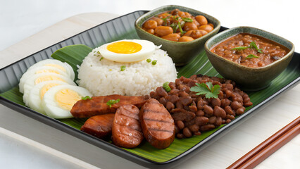 Traditional platter from Wikipedia showing rice, beans, chorizo, ground meat and egg.