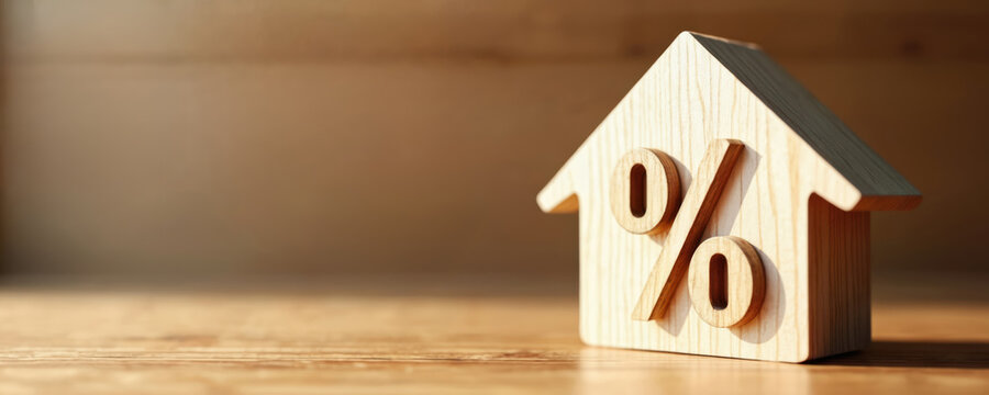 Wooden house model with percentage symbol represents mortgage rate. Miniature home represents property investment costs, loan interest, and financial planning concepts.
