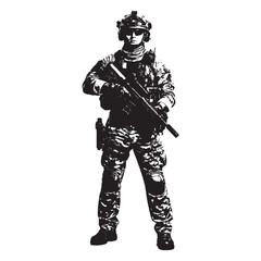 Obraz premium Special forces soldier standing with assault rifle, military tactical gear illustration, isolated on white background.