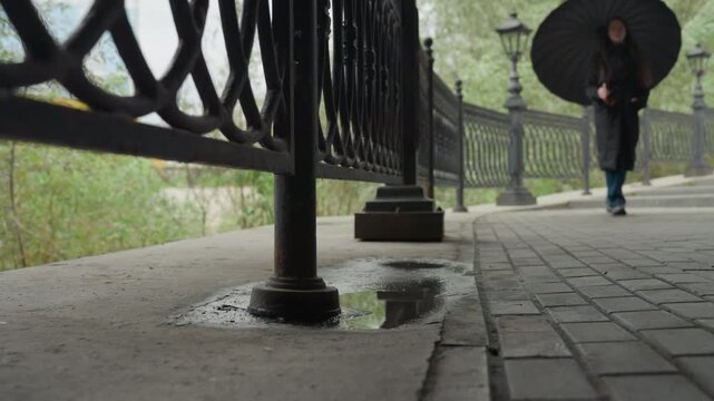 person walking under umbrella on walkway, iron railing casting pattern, shallow puddle reflecting silhouette, wet cobblestone pavement, overcast light, distant lamp posts, calm riverbank, quiet autumn
