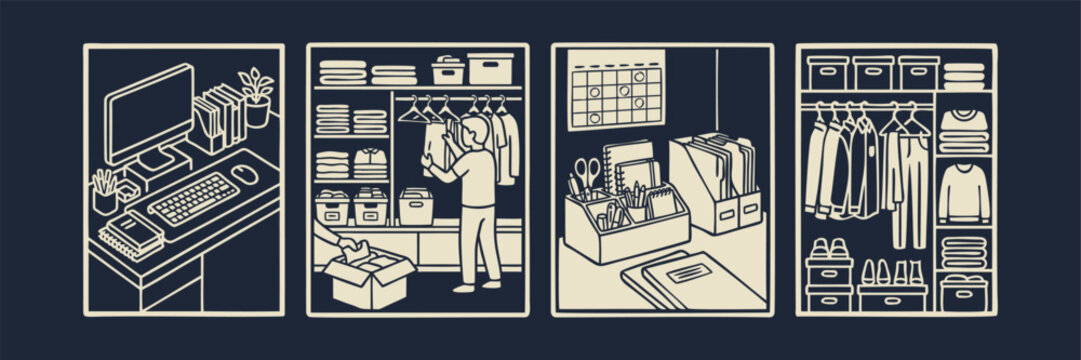 Essential Home Organization and Decluttering Line Art Icons