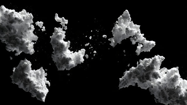 Compact cumulus fractus cloud fragments with torn irregular edges and dynamic forms, each piece isolated in perfect clarity with exceptional texture detail against void-black background