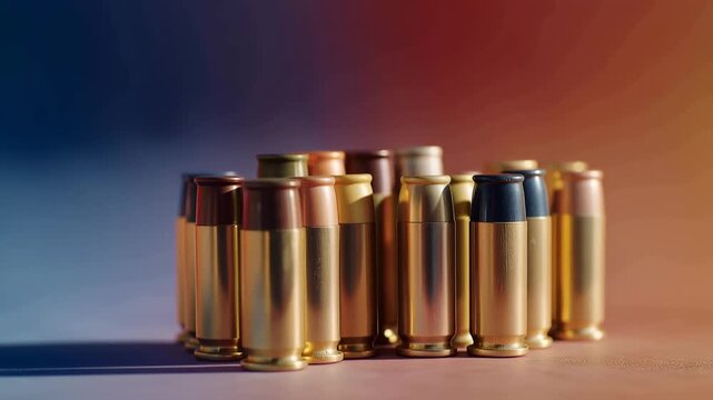 An intriguing composition of shotgun shell bullets stacked vertically on a vibrant background, accentuating their unique colors and designs, while discussing their role in recreational shooting and