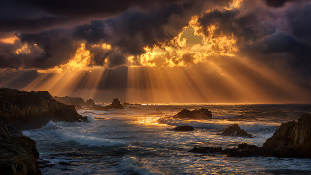 Crepuscular rays beaming through broken storm clouds over ocean coastline, dramatic sunbeams creating god rays effect, rocky cliffs, crashing waves