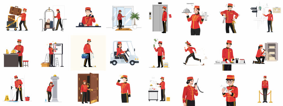 Hotel Bellhop and Concierge Services Vector Set: Staff members performing essential duties like luggage handling, room service, reception, and guest assistance.