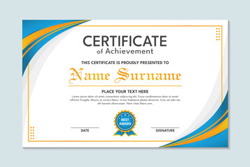 Certificate of achievement template with simple blue and yellow design