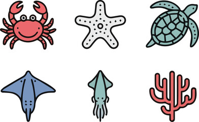 Fototapeta premium Set of colorful sea fish in various shapes and patterns, isolated on a white background. Perfect for ocean, marine life, aquarium, kids’ designs, and nature illustration projects.