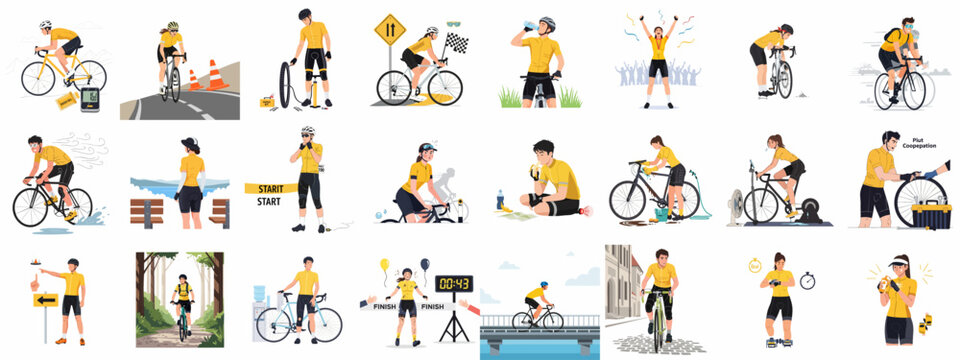 Cyclist lifestyle, training, and racing vector collection: featuring preparation, maintenance, competition, victory, and diverse cycling activities.