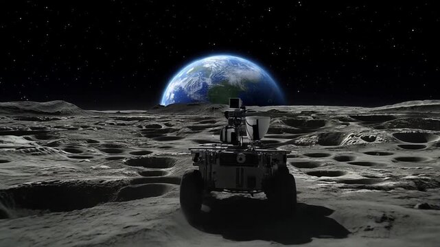 Space rover exploring moon surface with earth rising in the background