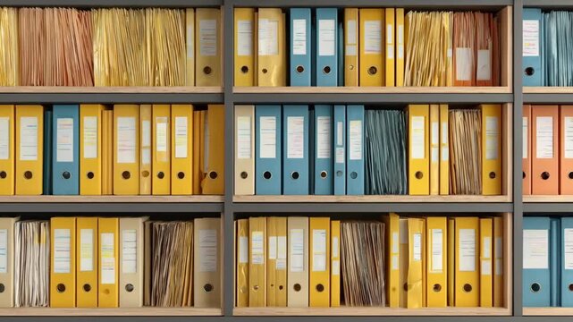 Medium shot of a neatly arranged office shelf filled with client tax files showcasing an efficient filing system for organized document management.