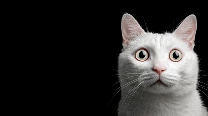 Obraz premium White cat with wide eyes against black background.