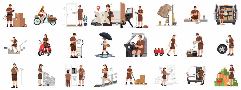 Comprehensive set of delivery and logistics workers illustrating various tasks like parcel handling, transportation, and customer service.