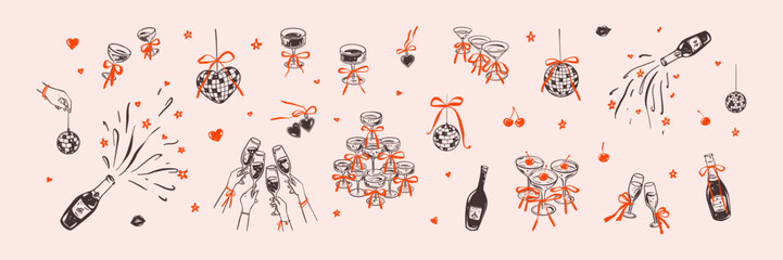 Fototapeta premium Set of hand drawn doodle sketch girly bachelorette, birthday, New Year, wedding, Valentines day disco parti graphic design elements. Cocktail tower with coquette bow, whimsical champagne glass drawing