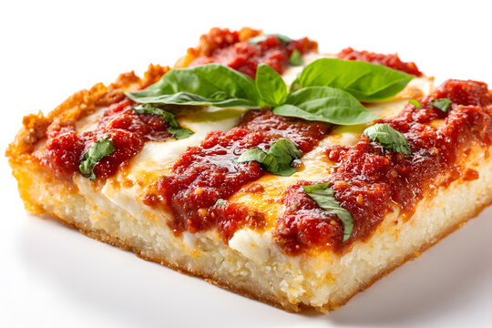 Thin Crust Grandma Style Square Pie with Rich Tomato Sauce and Fresh Basil Isolated on White Background