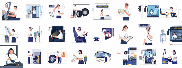 Collection of illustrations showing the daily professional life and various tasks of bus drivers, conductors, and maintenance staff in public transportation service. © Sabiqul