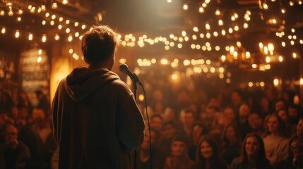 Obraz premium Male comedian performing in cozy comedy club under warm lights.
