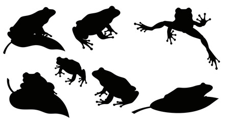 Naklejka premium Vector silhouette illustrations of frogs (toads) in various poses, including sitting, jumping, crawling, and resting on a leaf.
