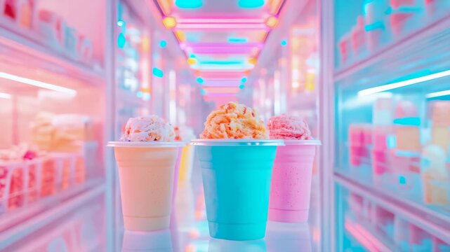 Three colorful frozen confection servings in plastic cup arrangement before glowing neon refrigerated case