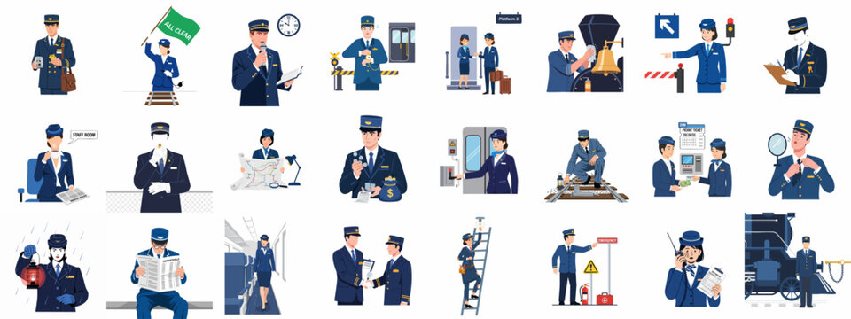 Professional Railway Workers Vector Set: Illustrations of train crew activities like ticketing, signaling, maintenance, and passenger service.