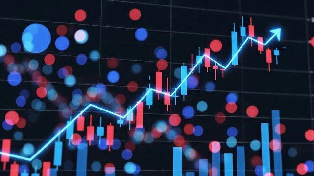 Dynamic glowing stock market chart with candlestick patterns showing financial growth and volatility in futuristic digital interface with bokeh lights
