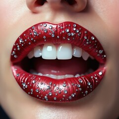Woman mouth open with red lips. Lips decorated with silver rhinestones and glitter. Perfect teeth visible in sparkling makeup. Glamour cosmetic accessory for fashion.