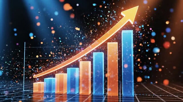 Dynamic upward trending glowing business growth chart with vibrant 3 D bars and ascending arrow in futuristic digital space for finance success presentations and corporate progress reports