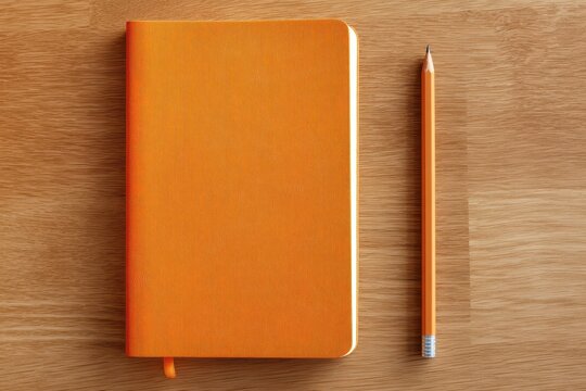 Minimalist desk setup with a bright orange notebook and pencil