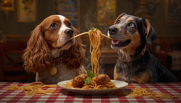 Sharing long spaghetti strand, two dogs chewing at dining table with meatballs and tagged collars