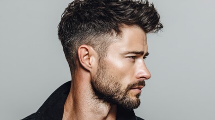 Obraz premium Profile of young caucasian male with stylish short haircut and beard.