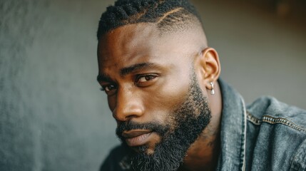 Obraz premium Young african male with beard and denim jacket looking intense.