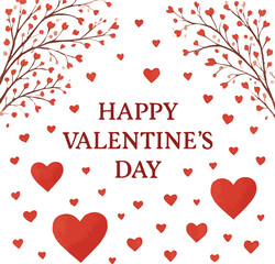 A festive, romantic illustration for Valentine's Day, featuring delicate branches adorned with small, red heart-shaped leaves and larger, bold red hearts scattered across-Photoroom