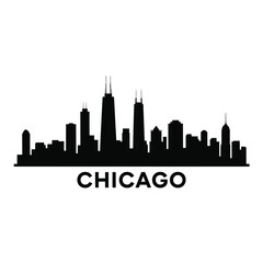 Chicago skyline silhouette with city name boldly displayed below