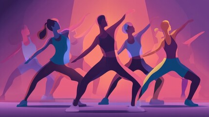 Obraz premium Energetic dance class with diverse figures in motion and vibrant lighting.