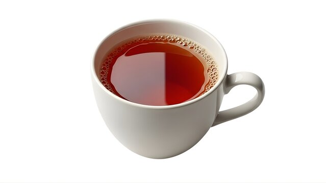 A white ceramic tea cup filled with hot red tea on transparent background