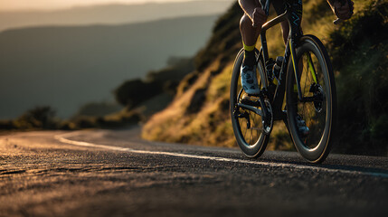 Obraz premium Cyclist Riding Mountain Road at Sunset Outdoor Adventure