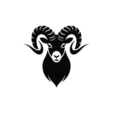 Stylized black and white illustration of a ram s head with large curved horns