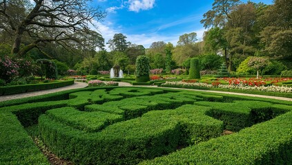 Framing clipped box-hedge parterre guiding eye along gravel path toward central stone fountain