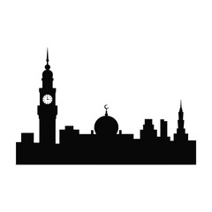 Silhouetted cityscape featuring a mosque and clock tower against a white background