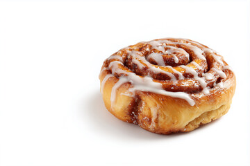 Cinnamon roll with white icing on a plain background