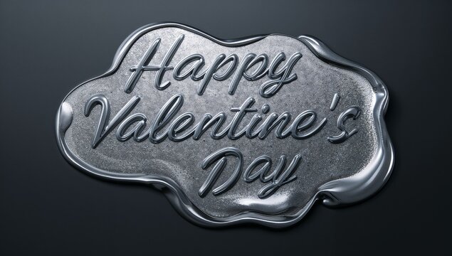 Shining silver plaque sitting at center of dark studio, showing raised cursive Happy Valentines Day