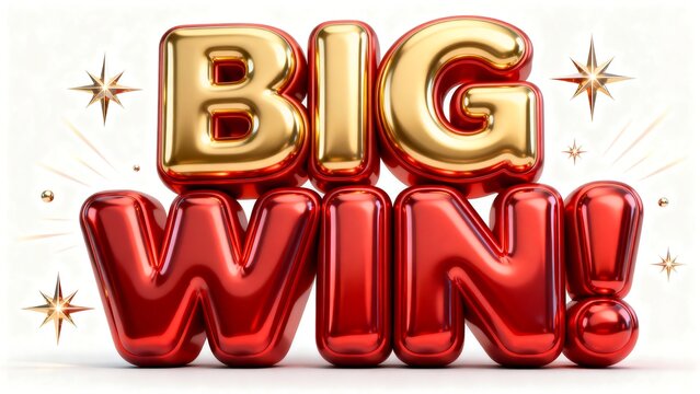 3D Gold and Red Glossy BIG WIN Lettering with Sparkles on White Background