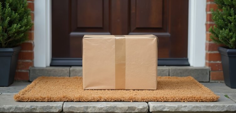Cardboard package rests on door mat outside a house entrance. A parcel delivery sits on the doorstep by green potted plants and a brown wooden door.