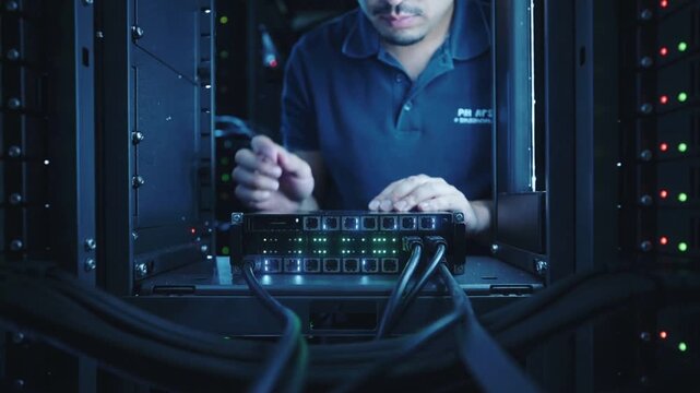 Technician hands connecting network cables to switch in server room for data management and communication infrastructure with glowing status lights and technology.
